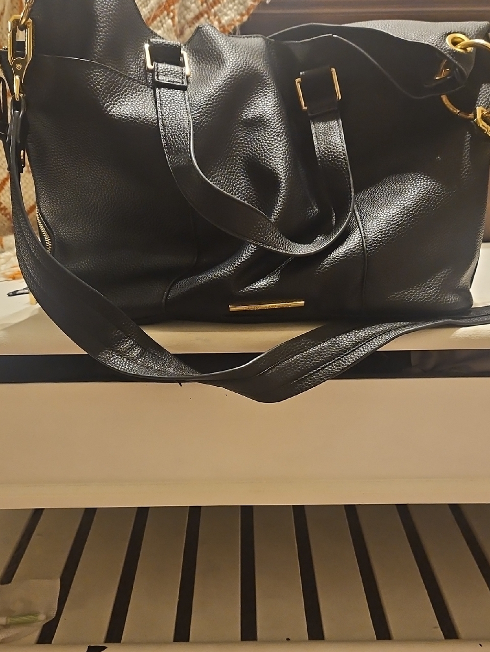 Steve Madden Black Pebbled Leather Crossbody Tote with Gold Hardware